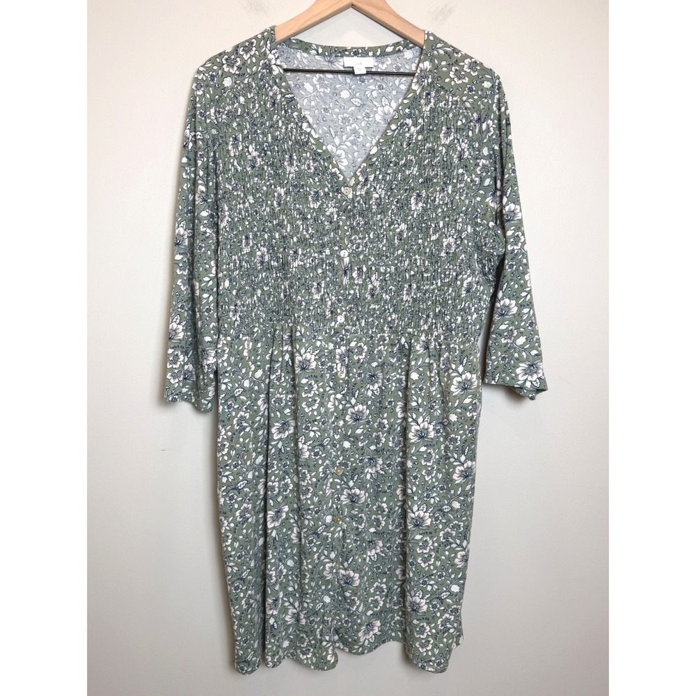 J. Jill Tencel Cotton Blend Green Smocked Floral Pullover Dress 3/4 Sleeve XL